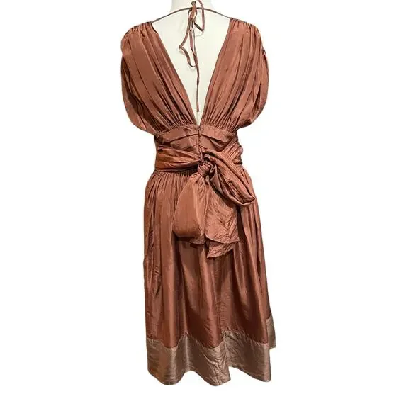 BCBGmaxazria Silk Dress Womens 6 Brown Pleated Sash Fit Flare Midi Greek Goddess - Picture 5 of 15